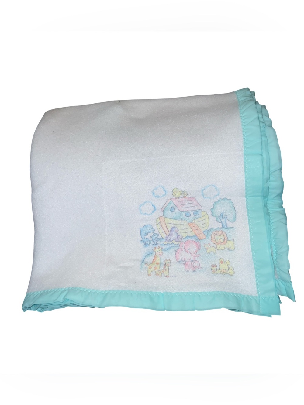 Vintage Riegel Noah’s Ark Baby Crib Blanket Mint Green Trim